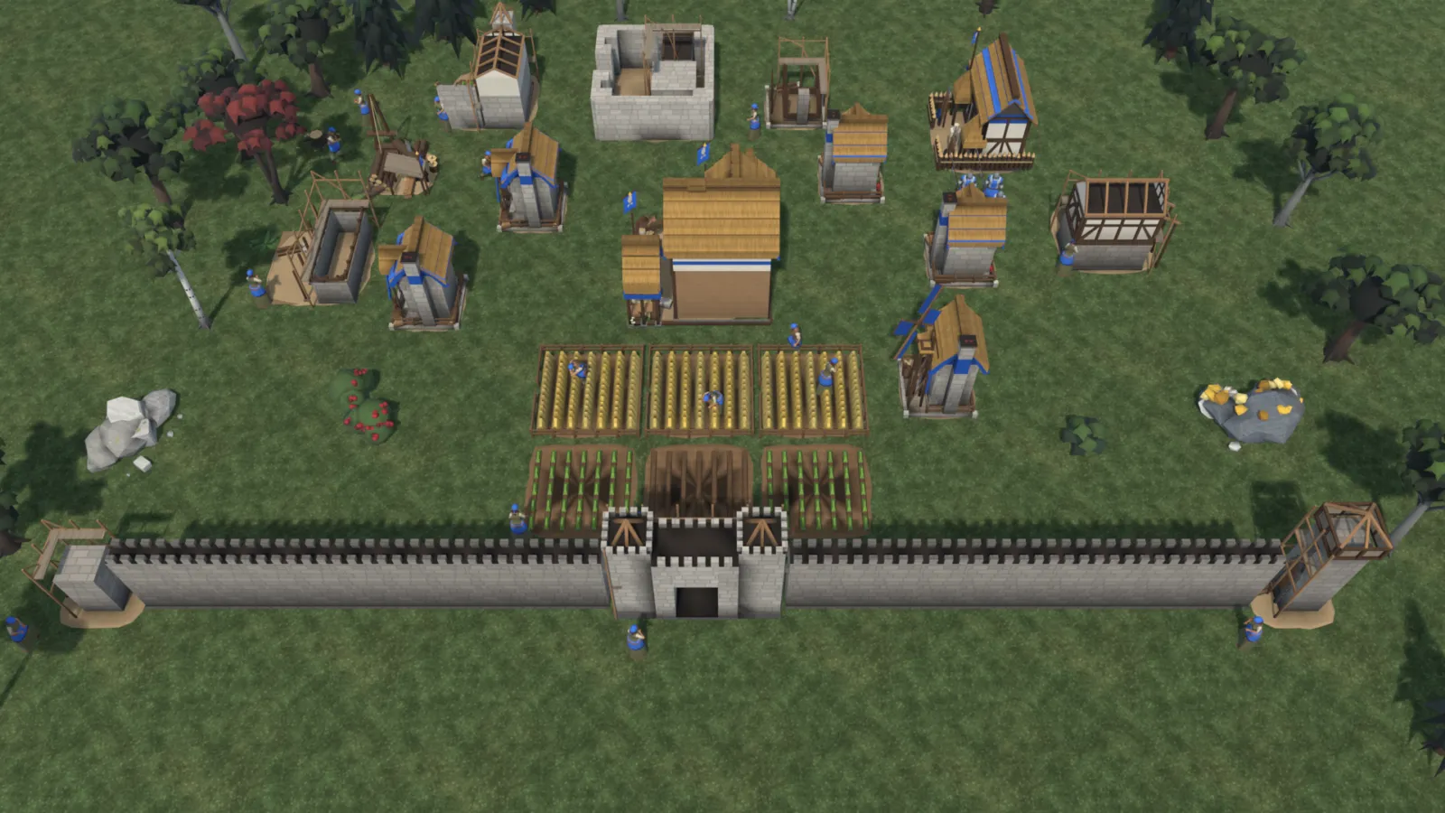Stone walls, a keep, a stable, an archery range and a monastery under construction